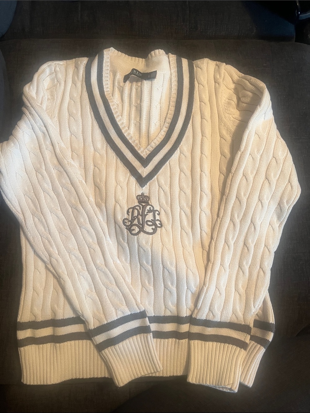 Lauren Ralph Lauren Cream Cable-Knit V-Neck Sweater with Gray Trim